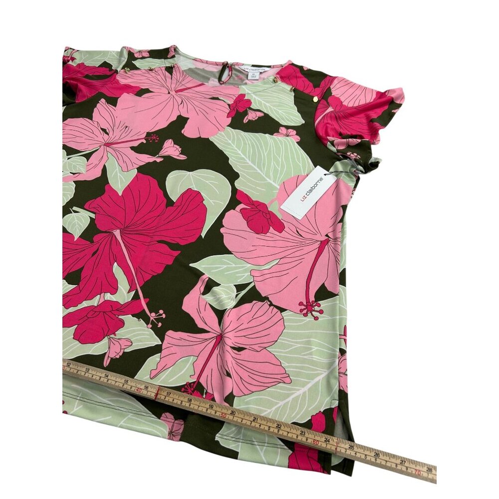 Liz Claiborne Womens XL Pink & Green Floral Print Top Short Sleeves Keyhole Back - Picture 11 of 11
